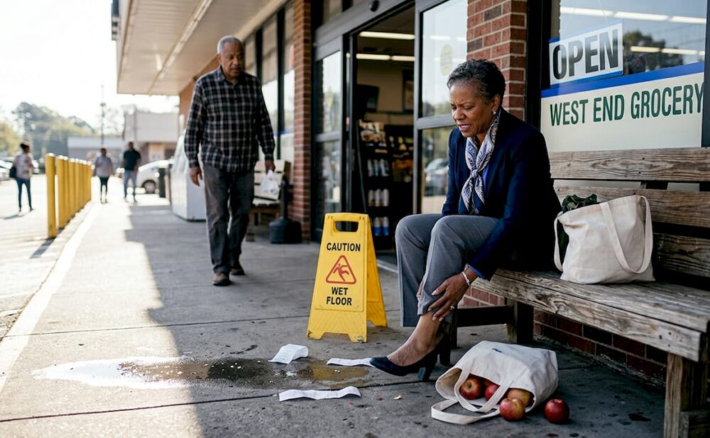 Slip and fall injury scene outside Atlanta grocery