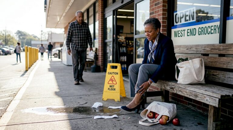 Slip and fall injury scene outside Atlanta grocery
