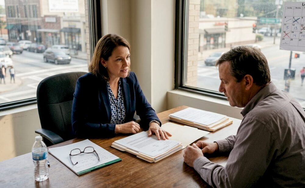 Lawyer meeting client in South Atlanta office