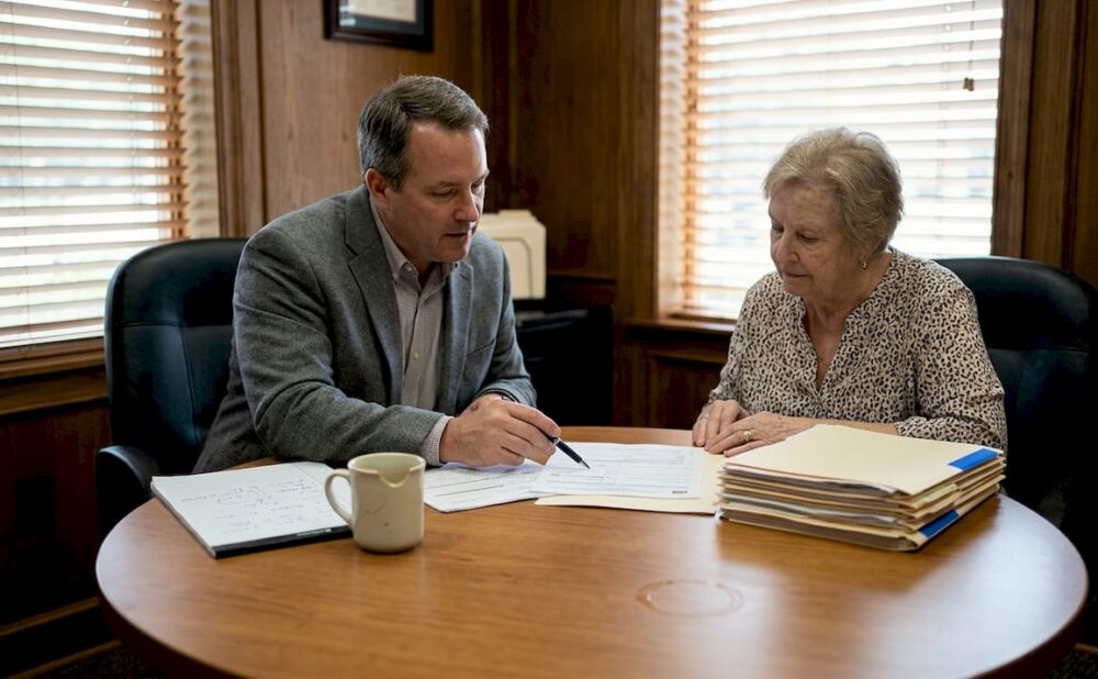 Attorney and client discuss documents in office