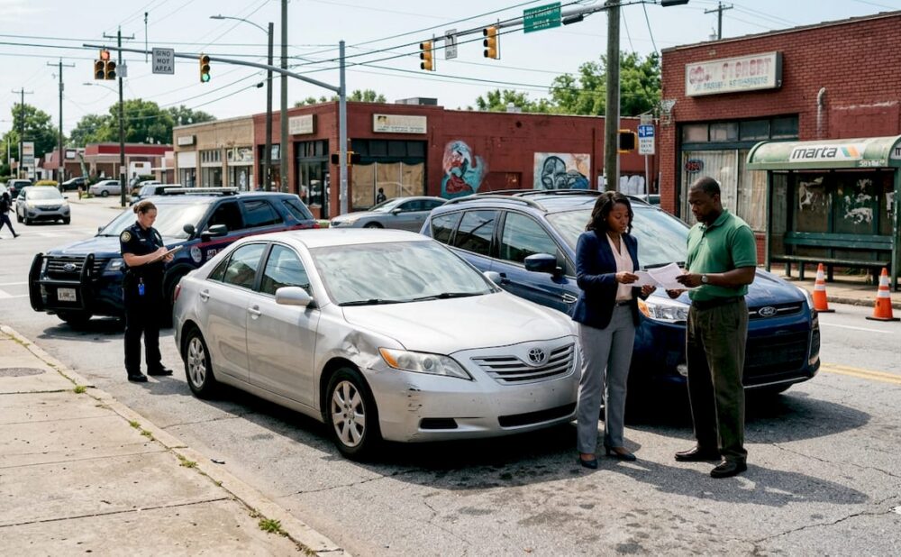 Car accident aftermath on busy Atlanta street