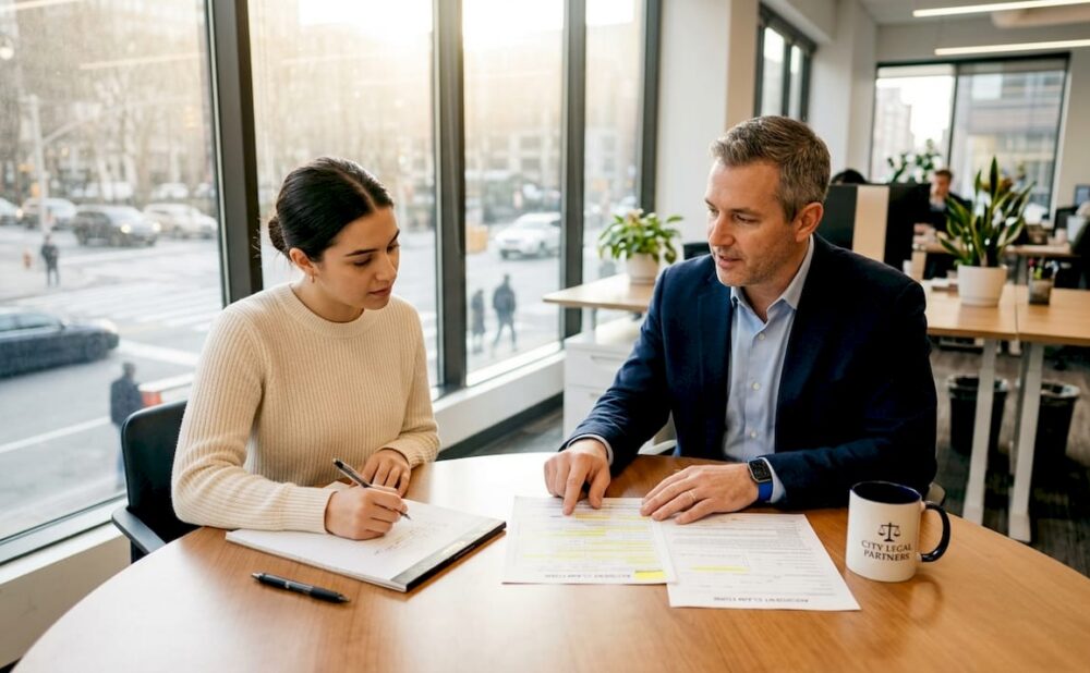 Attorney explaining accident claim paperwork