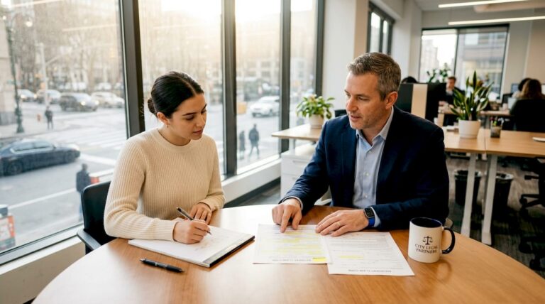 Attorney explaining accident claim paperwork