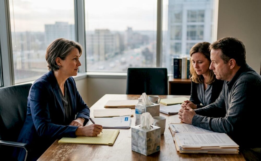 Attorney meeting grieving clients in law office