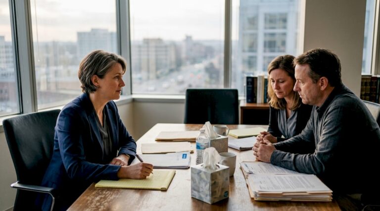 Attorney meeting grieving clients in law office
