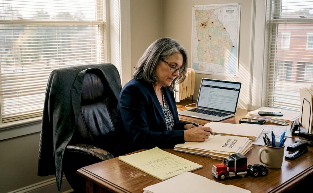 Lawyer reviewing trucking accident documents in office