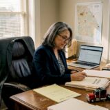 Lawyer reviewing trucking accident documents in office