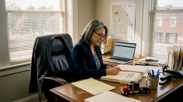 Lawyer reviewing trucking accident documents in office