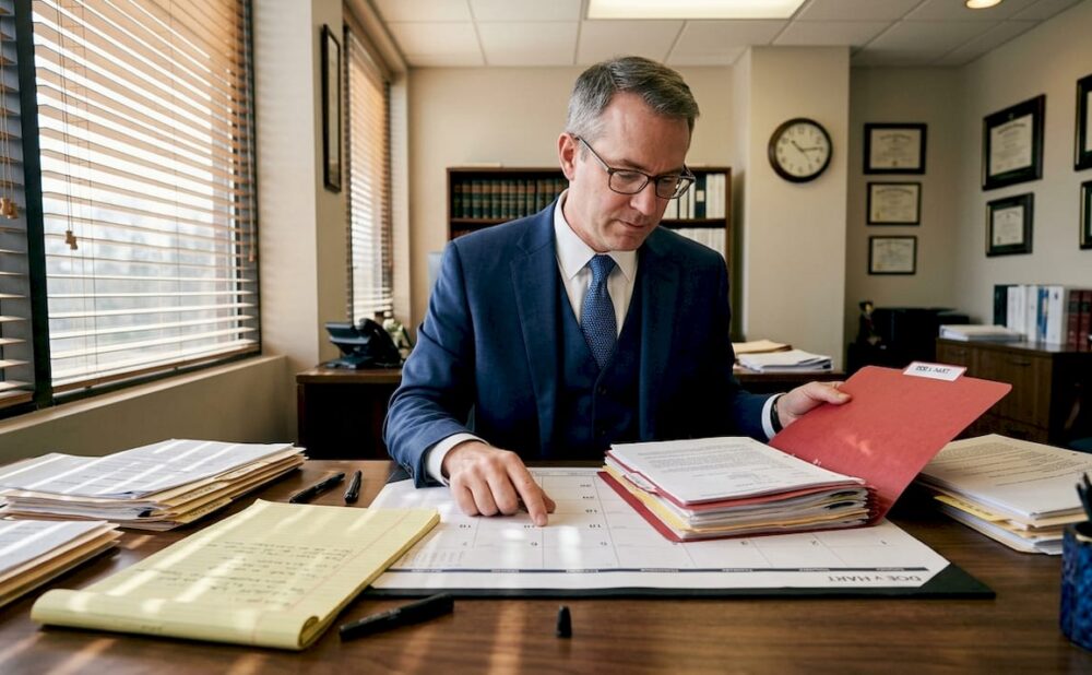 Attorney reviewing case timeline at desk