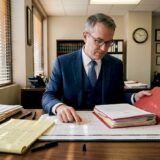 Attorney reviewing case timeline at desk