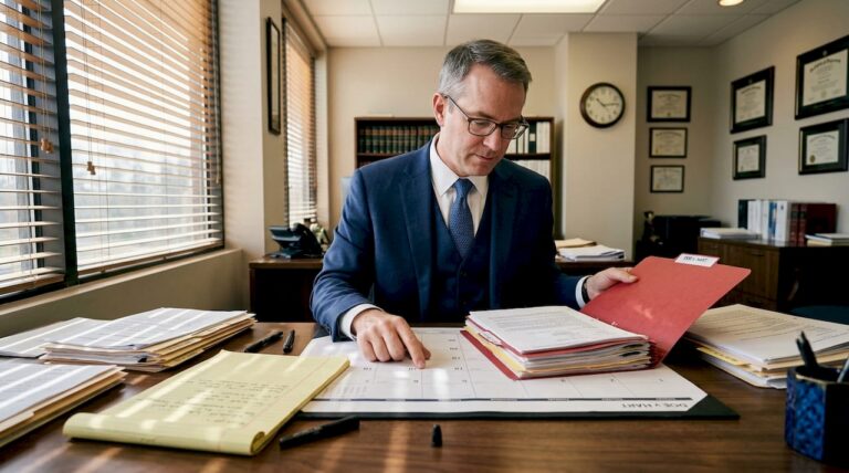 Attorney reviewing case timeline at desk