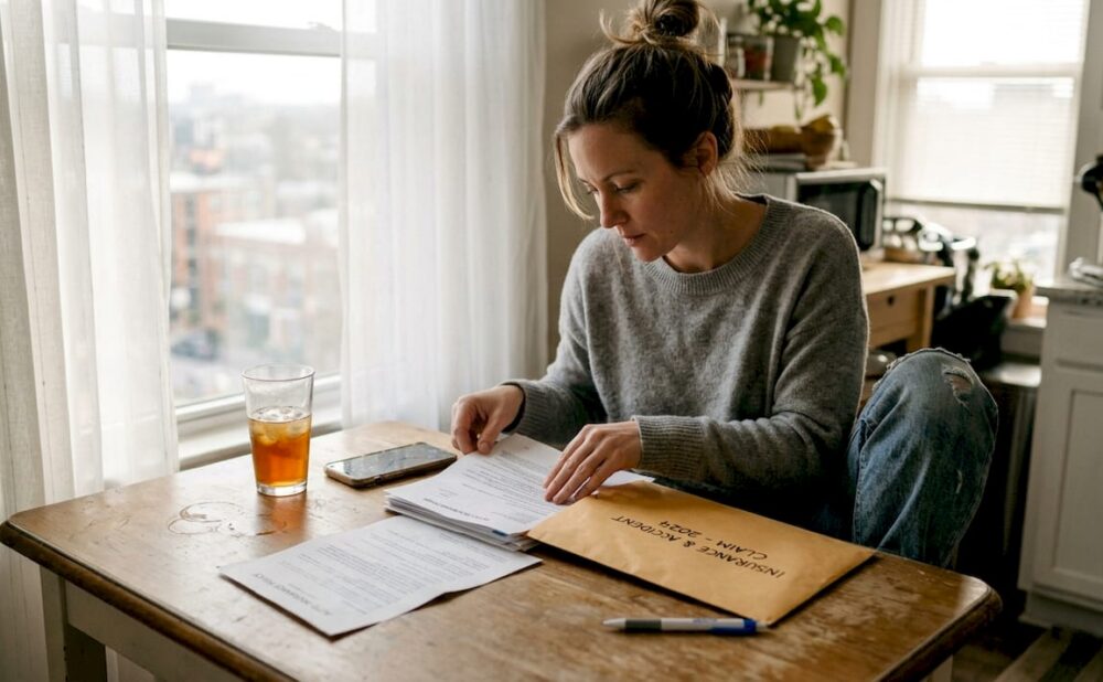 Woman sorting accident claim documents at kitchen table