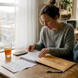 Woman sorting accident claim documents at kitchen table