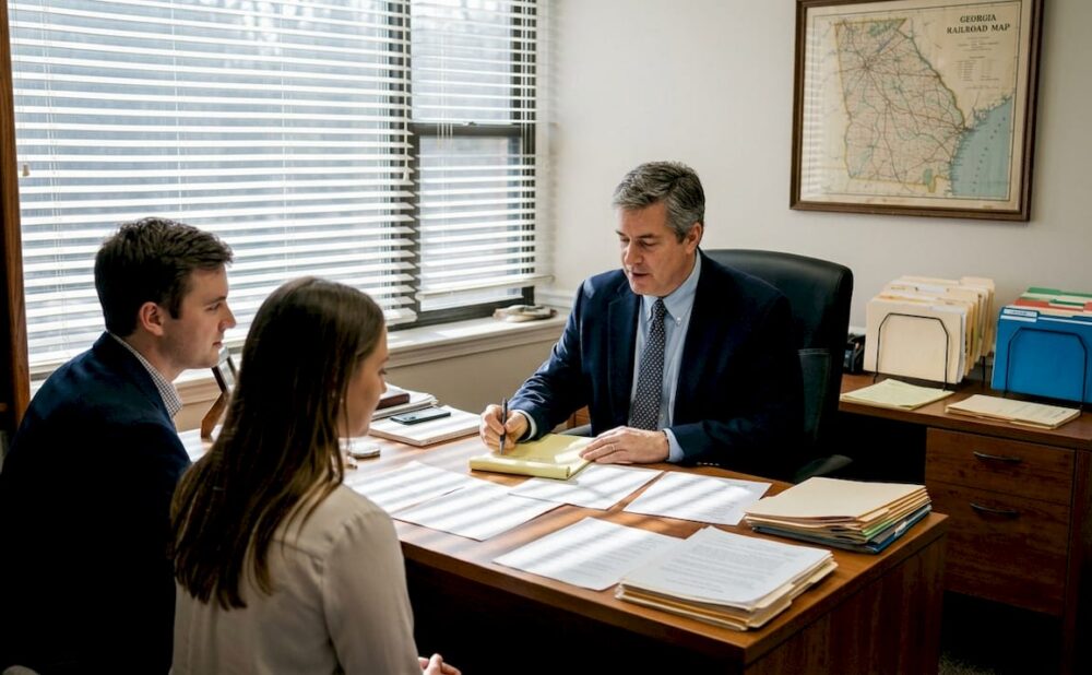 Attorney consulting couple in law office about train accident