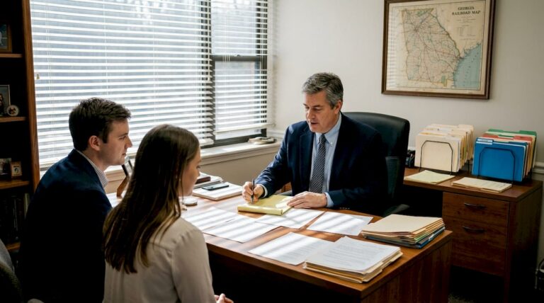 Attorney consulting couple in law office about train accident