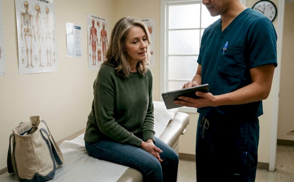 Doctor speaks with patient in exam room