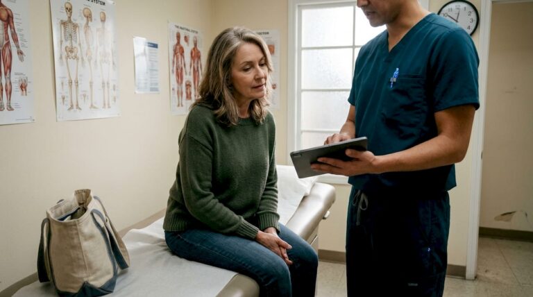 Doctor speaks with patient in exam room