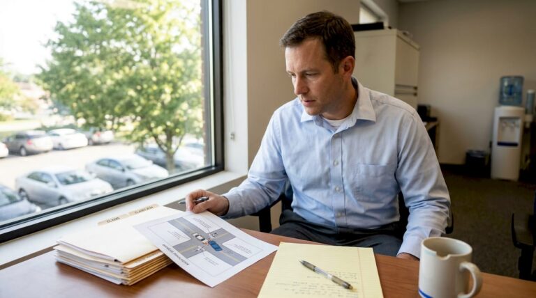 Insurance adjuster reviews auto accident claims