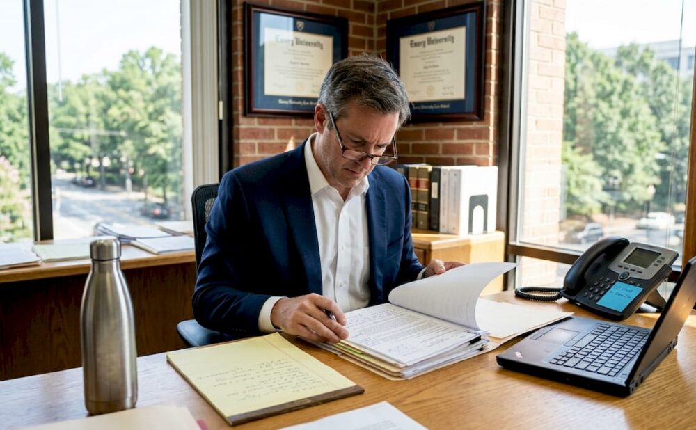 Attorney reviewing case files in law office