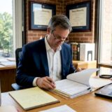 Attorney reviewing case files in law office