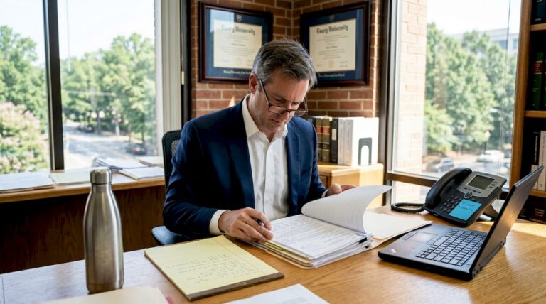 Attorney reviewing case files in law office