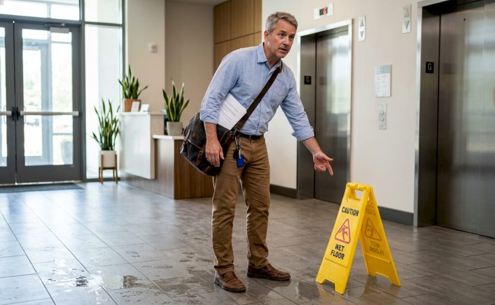 Man gestures at wet floor evidence in lobby