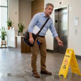Man gestures at wet floor evidence in lobby