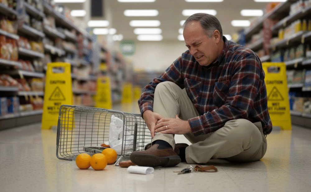 Injured man on grocery floor after slip