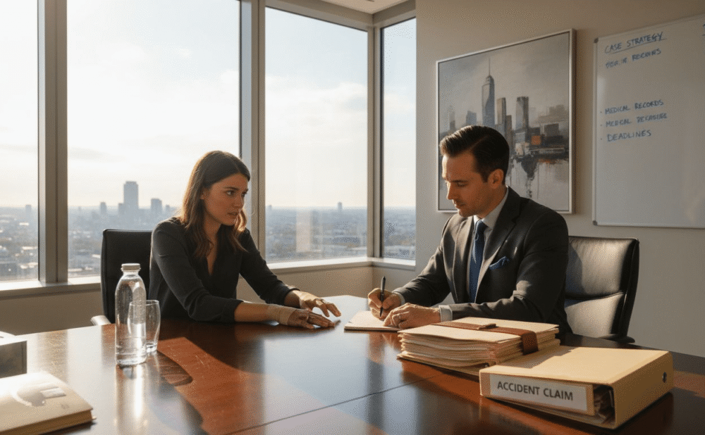 Attorney advising accident victim in bright office