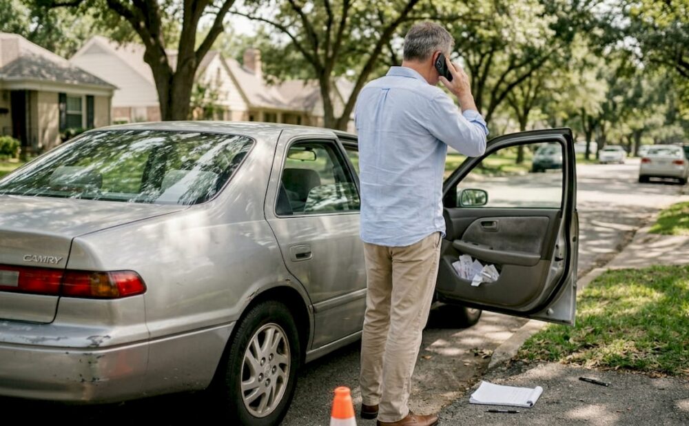 Man calling roadside after minor car accident