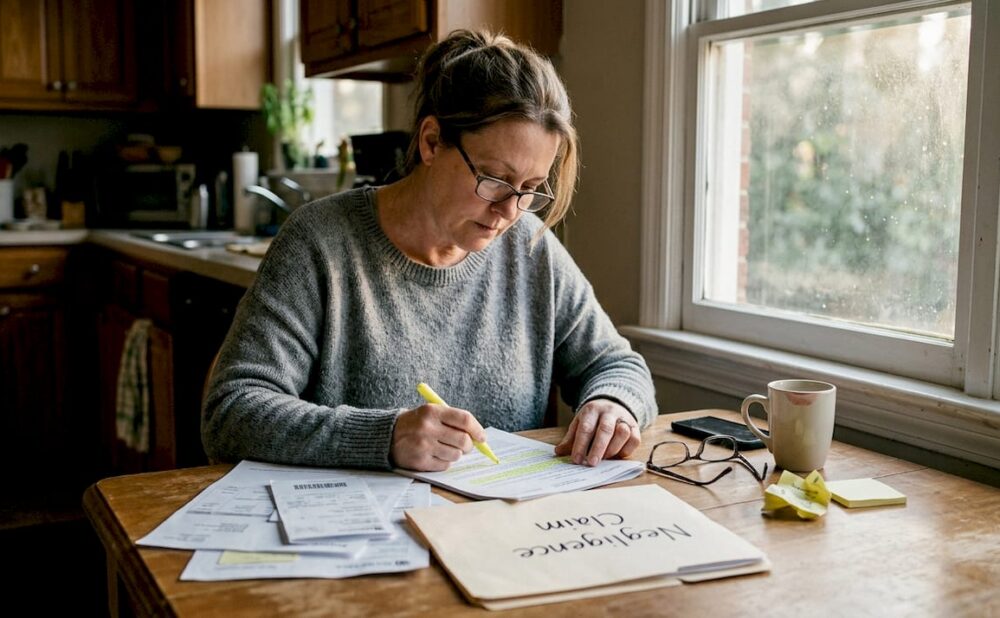 Woman organizing Georgia injury paperwork at kitchen table