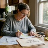 Woman organizing Georgia injury paperwork at kitchen table