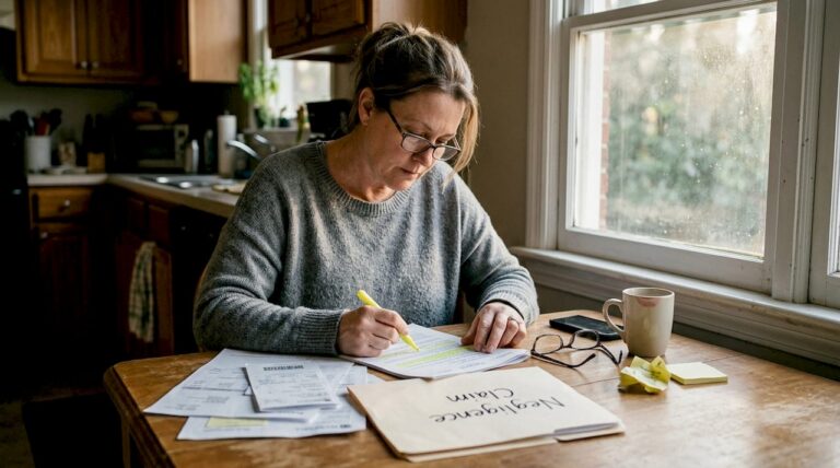 Woman organizing Georgia injury paperwork at kitchen table