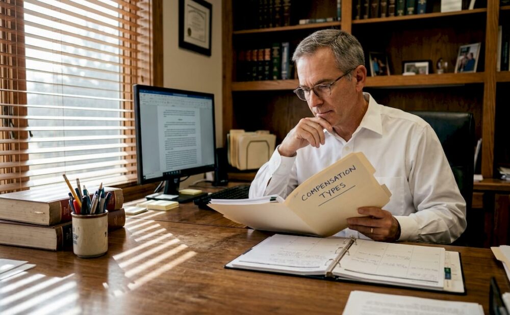 Attorney reviewing injury case documents at desk