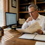 Attorney reviewing injury case documents at desk