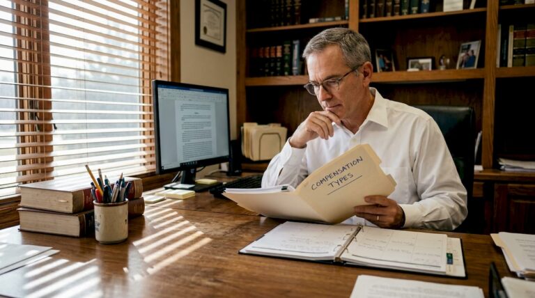 Attorney reviewing injury case documents at desk