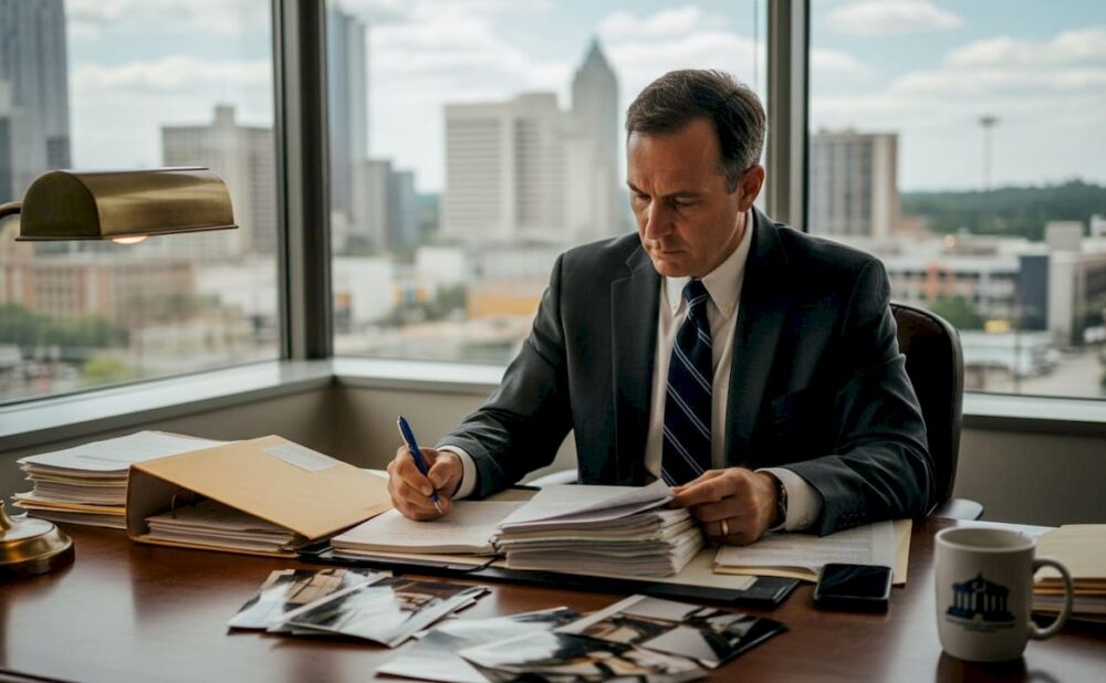 Attorney reviews personal injury evidence at desk