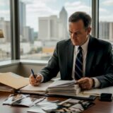 Attorney reviews personal injury evidence at desk