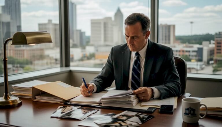 Attorney reviews personal injury evidence at desk