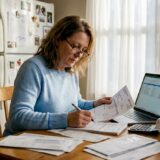 Woman reviewing personal injury documents at kitchen table
