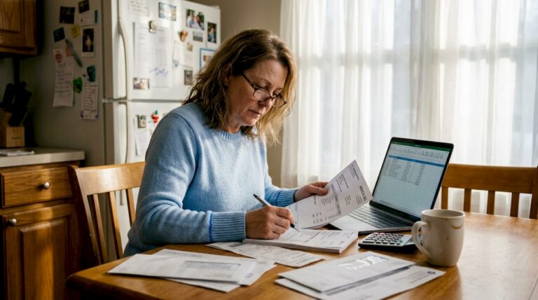 Woman reviewing personal injury documents at kitchen table