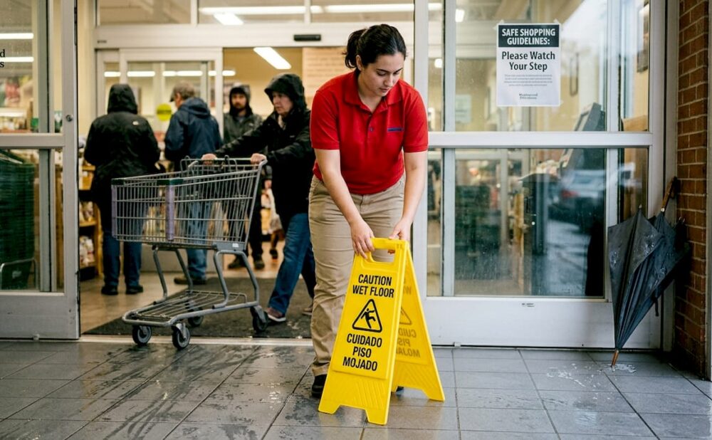 Employee placing wet floor sign by store entrance