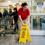 Employee placing wet floor sign by store entrance
