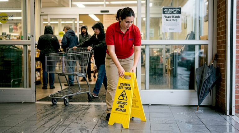 Employee placing wet floor sign by store entrance