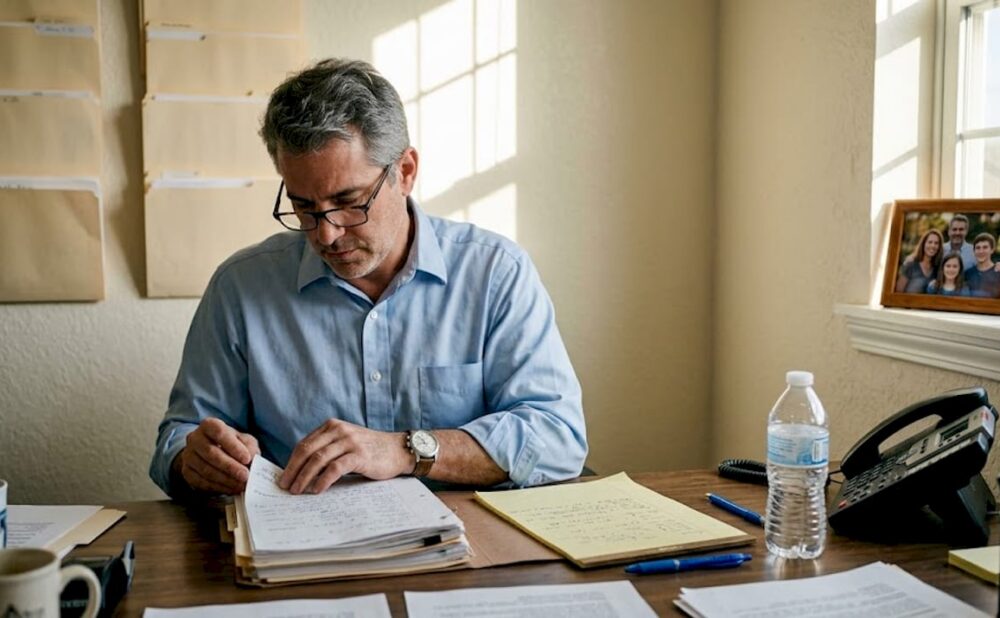 Attorney reviews injury case files at desk