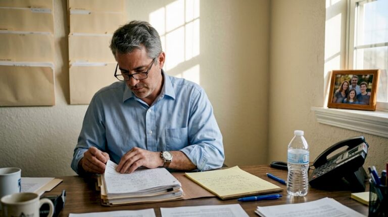 Attorney reviews injury case files at desk