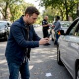 Man photographing car accident damage