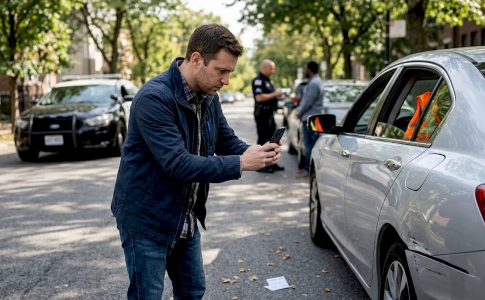 Man photographing car accident damage
