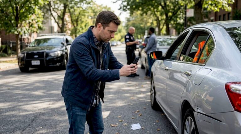 Man photographing car accident damage