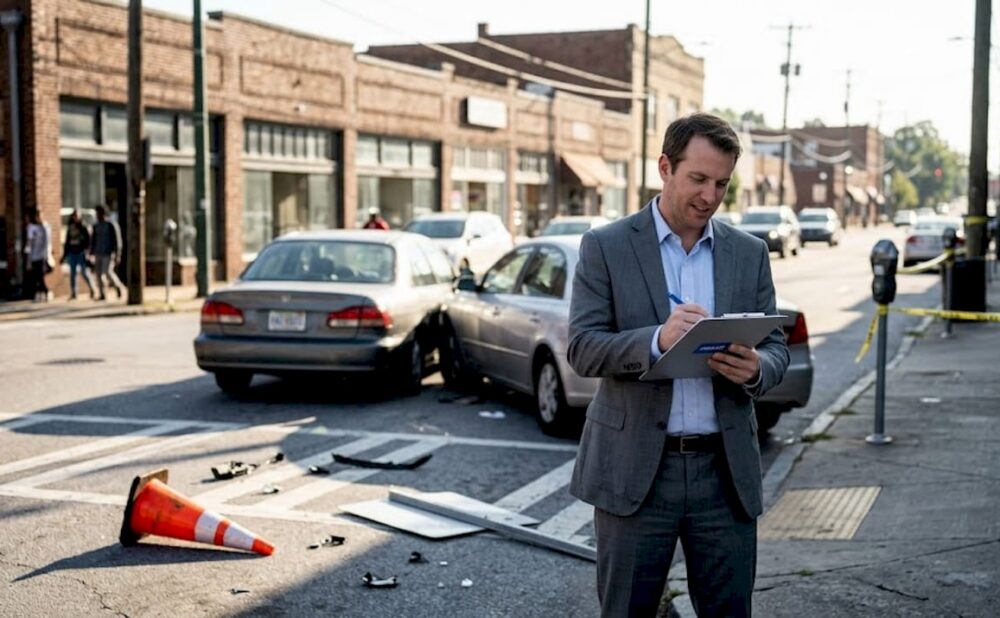 Insurance adjuster surveys recent Atlanta car accident